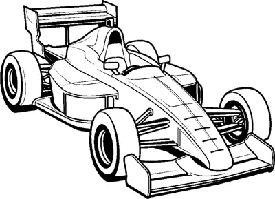 An open-wheel race car with a raised rear wing is drawn at a front angle with dark tires.