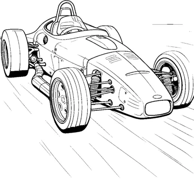 A classic open-wheel race car with exposed suspension and a rounded nose is drawn at an angle.