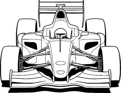 A wide front view of an open-wheel race car with big tires and a heavy front wing.