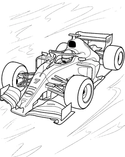 An open-wheel race car with the number seven speeds through sketchy scribbled motion lines.