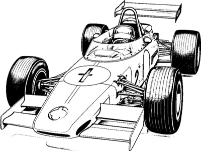 A classic open-wheel race car with striped tire treads and a driver is drawn at an angle.