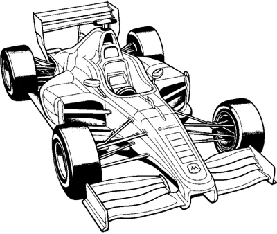 An open-wheel race car with striped side panels and dark tires is drawn at a three-quarter angle.