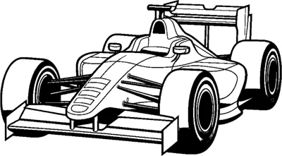 An open-wheel race car with a flat nose, side pods and a rear wing is drawn at a front angle.