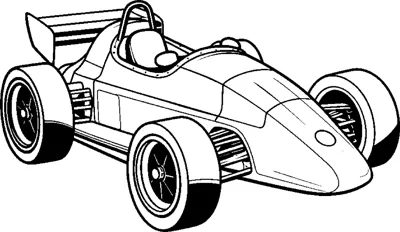 A simple retro open-wheel race car with big dark wheels and a driver is drawn at an angle.