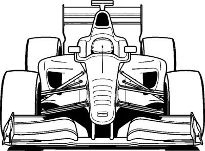 A head-on view of an open-wheel race car with heavy black shadows and a wide front wing.