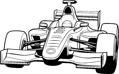 An open-wheel race car with rounded side pods and a driver is drawn at a front angle.