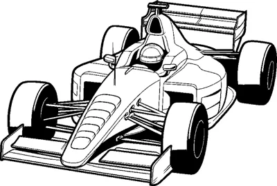 An open-wheel race car with a wide rear wing and driver is drawn at a three-quarter front angle.
