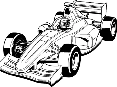 An open-wheel race car with solid black tires and a driver is drawn from the front left.