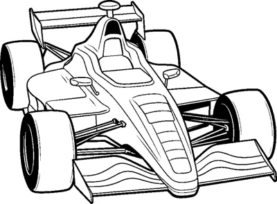 An open-wheel race car is drawn from a high front angle showing its nose and front wing.