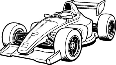 A simple open-wheel race car with spoked wheels and a rear wing is drawn at a front angle.