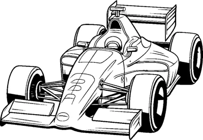 An open-wheel race car with a helmeted driver and dark wheels is drawn at a front angle.