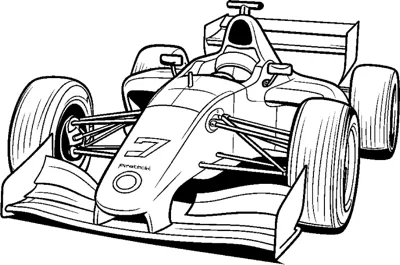 An open-wheel race car with the number seven and grooved tires is drawn at a front angle.