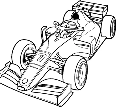 An open-wheel race car with the number seven on its nose and a driver is drawn at an angle.