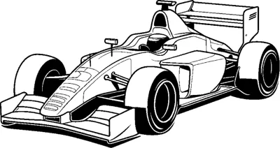 An open-wheel race car with a tall rear wing and dark tires is drawn from the front left.