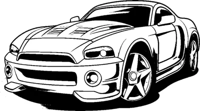 A muscle sports car with a wide grille and bold black shadows faces forward at an angle.
