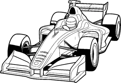 An open-wheel race car with a driver visible and a rear wing is drawn at a front angle.