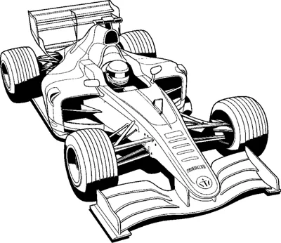 An open-wheel race car with grooved tires and a helmeted driver is drawn at a front angle.