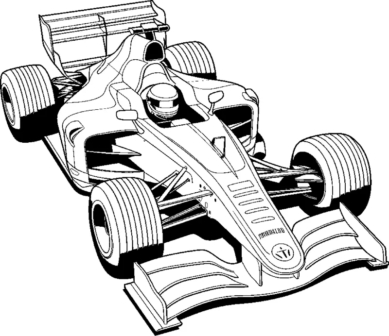 An open-wheel race car with grooved tires and a helmeted driver is drawn at a front angle.