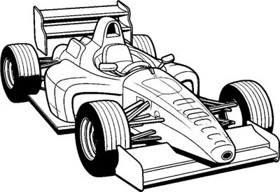 An open-wheel race car with a low nose and dark tires is drawn from the front right.