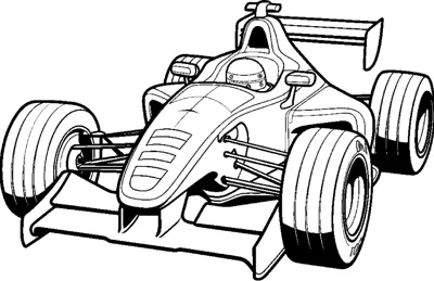 An open-wheel race car with a driver and pointed front wing is drawn at a front angle.