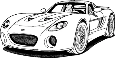 A low curved sports car with round headlights and spoked wheels faces forward at an angle.