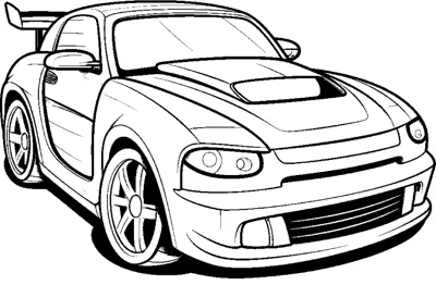 A sports coupe with a dark hood scoop and rear spoiler faces forward at an angle.