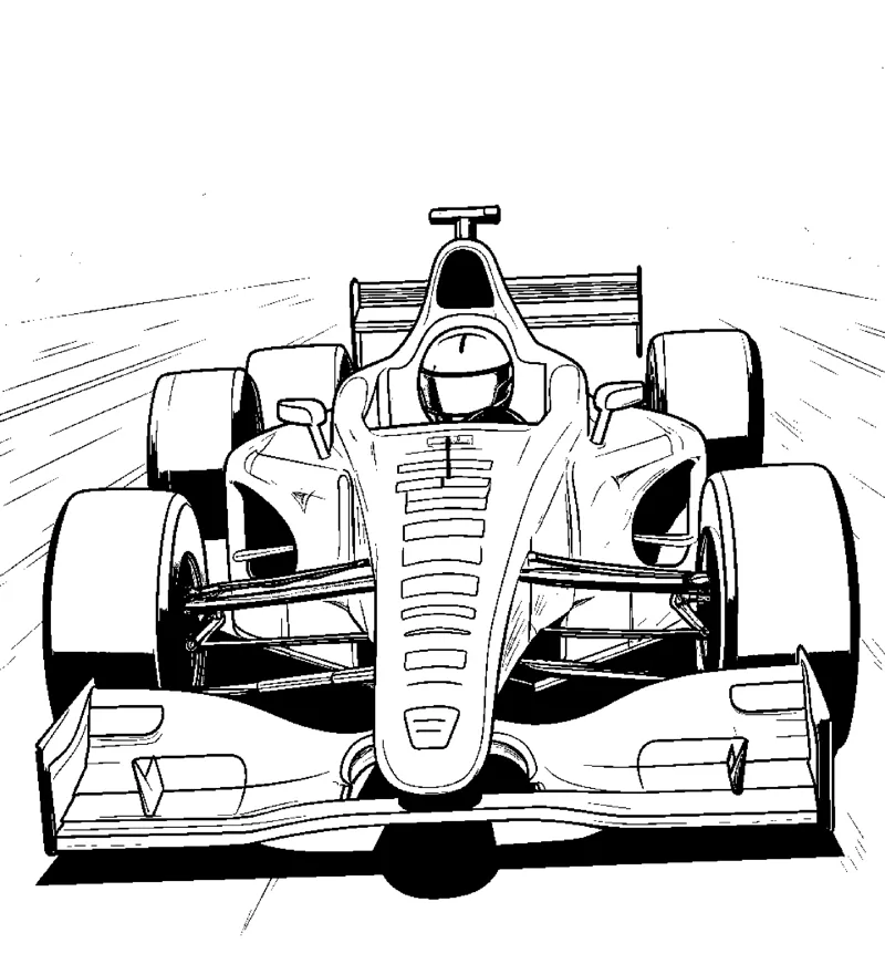 A head-on open-wheel race car speeds down the track with speed lines on both sides.