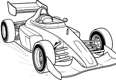 An open-wheel race car leans into a turn with light sketch lines and a raised rear wing.