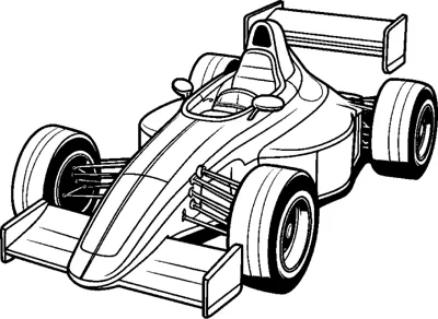 An open-wheel race car with big dark tires and a rear wing is drawn at a front angle.
