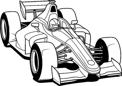 An open-wheel race car with a driver and rear wing is drawn from the front right.