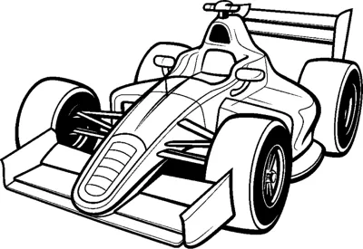 An open-wheel race car with side mirrors, dark tires and a rear wing is drawn at a front angle.