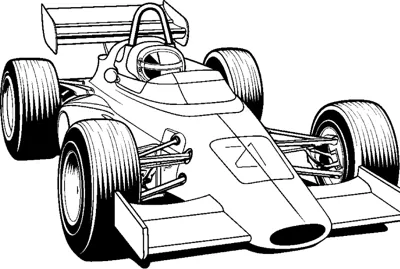 A classic open-wheel race car with the number four and grooved tires is drawn at an angle.