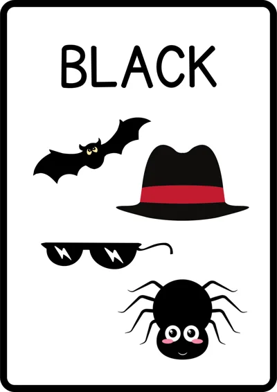 A flashcard reading BLACK with a bat, a hat, sunglasses and a spider drawn below.