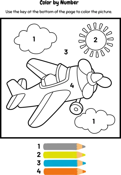 A propeller airplane with clouds and a sun has numbered areas and a colored pencil key below.