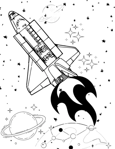 A space shuttle blasts upward with flames, surrounded by stars, planets and sparkles.