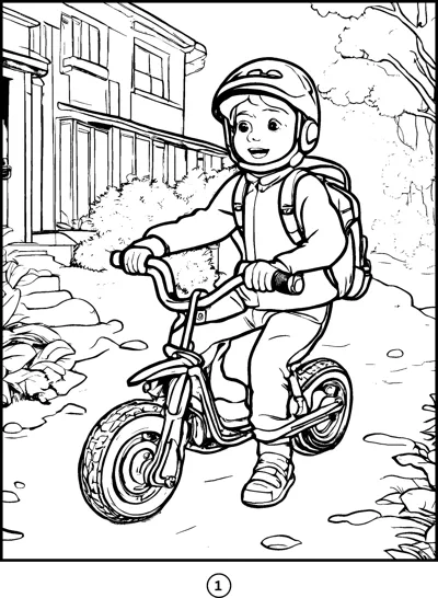 A boy wearing a helmet and backpack rides a bicycle along a street lined with houses.