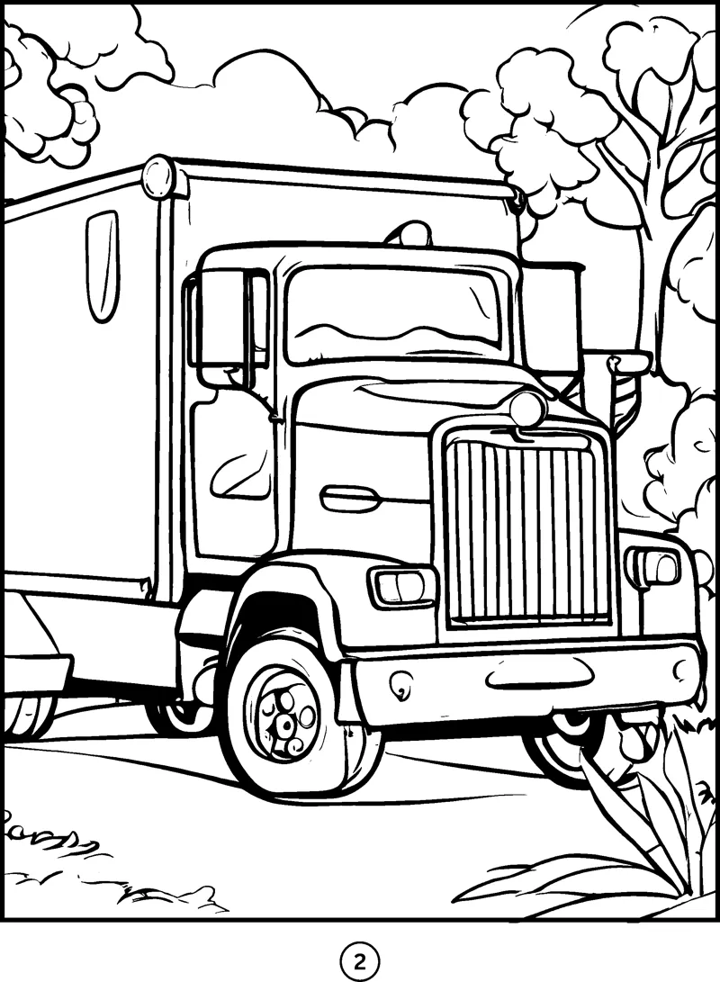A large box truck with a tall grille is parked beside leafy trees and bushes.