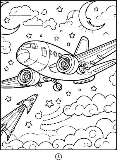 A jet airliner flies among clouds, stars and crescent moons with a paper plane below it.