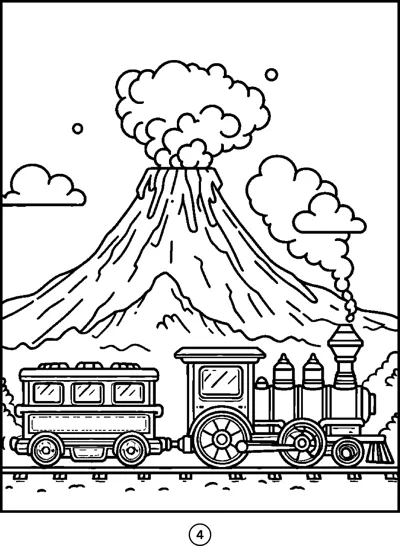 A steam train with a carriage passes in front of a volcano erupting smoke into the sky.