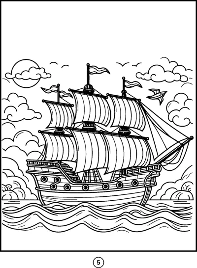 A two-masted sailing ship with flags rides rolling waves under a cloudy sky with a bird.