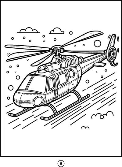 A helicopter with spinning rotors flies through clouds with speed lines behind it.