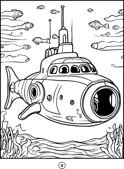 A submarine with round portholes glides underwater past fish and seaweed.