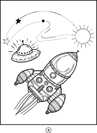 A rocket blasts upward past a flying saucer, a sun, a star and a dotted trail.