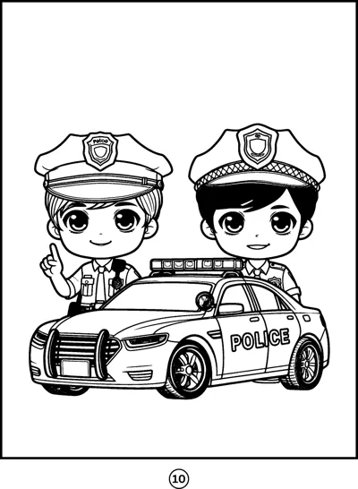 Two cartoon police officers in caps stand behind a police car with a light bar.