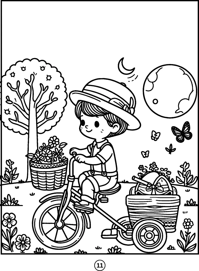 A boy in a hat rides a bicycle with baskets of flowers past trees, butterflies and the moon.