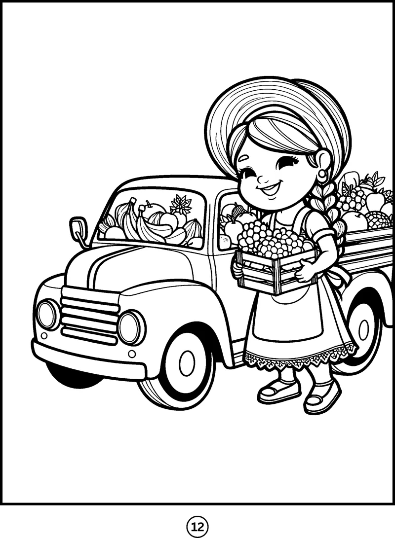 A smiling girl in a dress holds a crate of fruit beside a pickup truck full of produce.