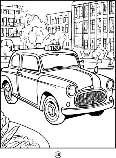 A rounded taxi cab with a roof sign is parked in front of city buildings and trees.
