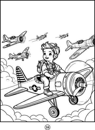 A boy with headphones sits on a propeller plane while other planes fly through the clouds.