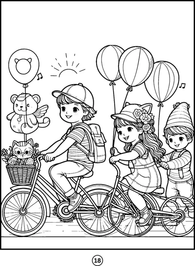 Three children ride bicycles holding balloons, with a teddy bear and cat along for the ride.