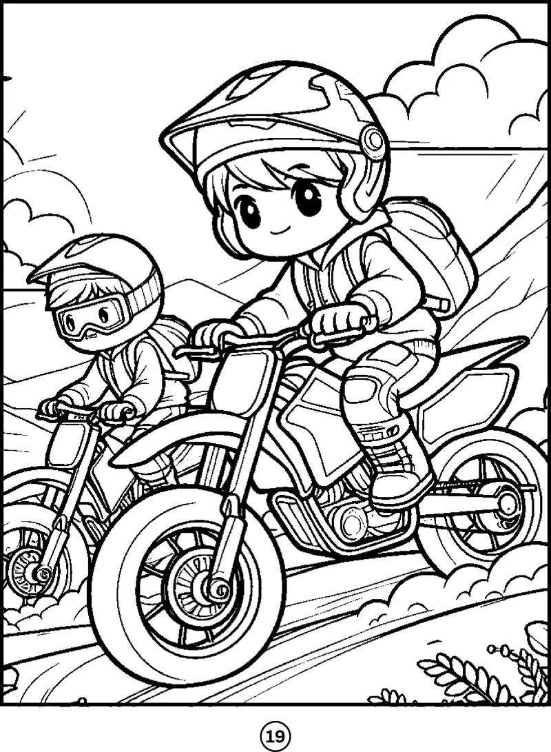 Two helmeted riders race dirt bikes along a trail with hills and clouds behind them.
